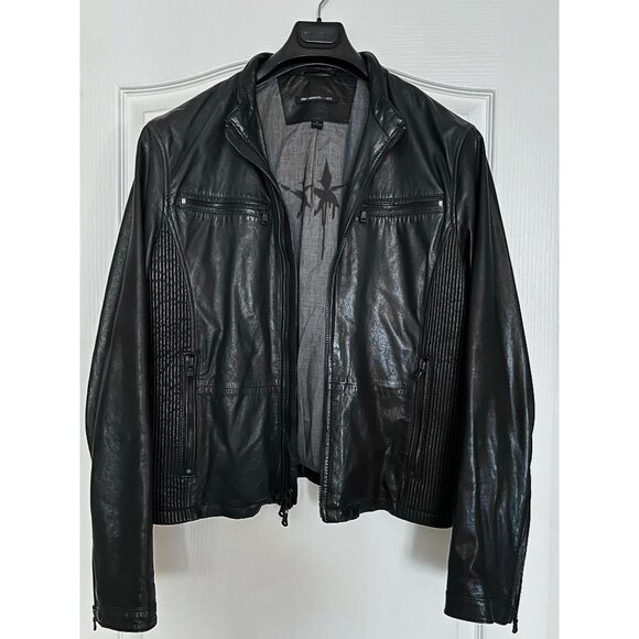 Mens John Varvatos 100% Lambskin Black Leather Moto Biker Jacket Size M LIKE NEW - Picture 2 of 7